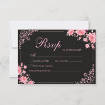 Tarjeta de respuesta de boda floral rosa y negra