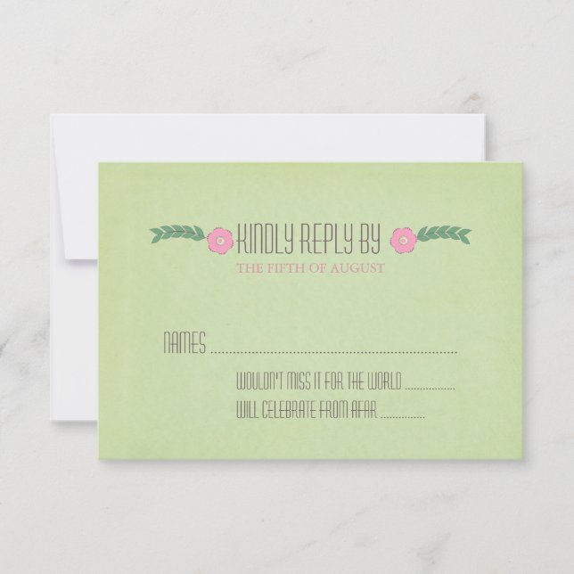 Tarjeta de respuesta de boda floral verde y rosa m (Anverso)