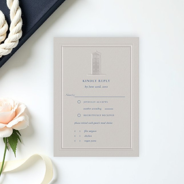 Tarjeta de respuesta de boda formal de torre de ca (coastal wedding rsvp card formal traditional double frame modern classic ivory bell tower)
