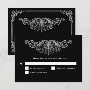 Tarjeta de respuesta de boda gótica en blanco y ne