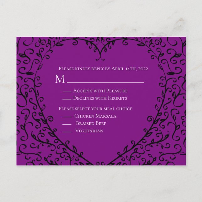 Tarjeta de respuesta de Boda gótico morado y de co (Anverso)