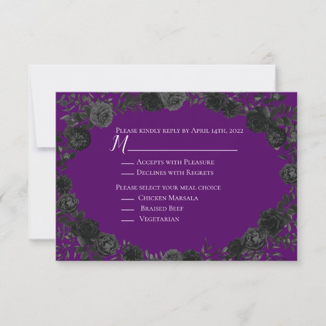 Tarjeta de respuesta de Boda gótico morado y negro (Anverso)