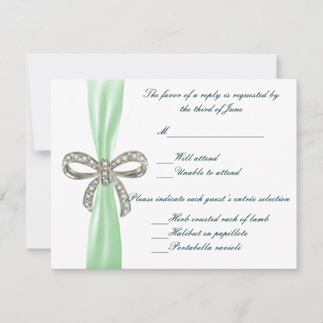 Tarjeta de respuesta de Boda Green Diamond Bow (Anverso)