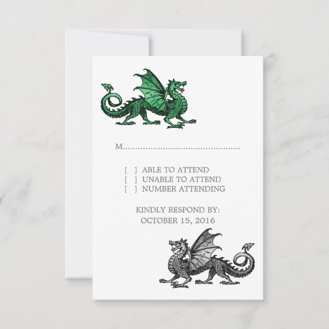 Tarjeta de respuesta de Boda Green Silver Dragon (Anverso)