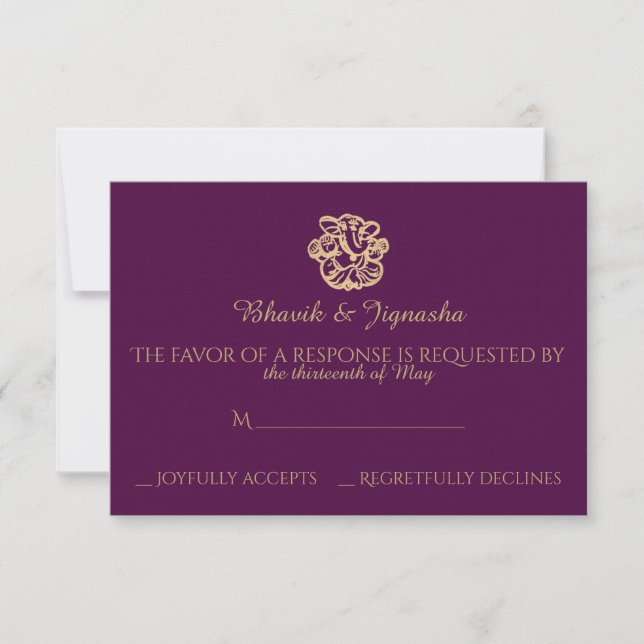 Tarjeta de respuesta de Boda indio Purple Gold Man (Anverso)