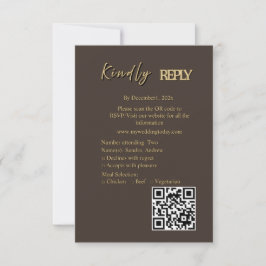 Tarjeta de respuesta de boda marrón oscuro y dorad