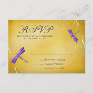 Tarjeta de respuesta de Boda Morple Gold Dragonfly