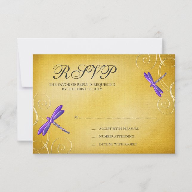 Tarjeta de respuesta de Boda Morple Gold Dragonfly (Anverso)