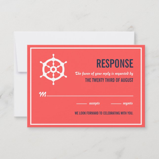 Tarjeta de respuesta de boda náutica azul marino y (Anverso)