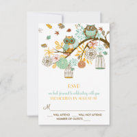 Tarjeta de respuesta de boda otoñal de búhos retro