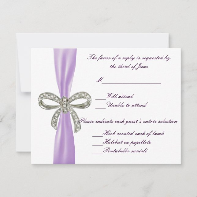 Tarjeta de respuesta de Boda Purple Diamond Bow (Anverso)