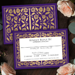 Tarjeta de respuesta de boda real espada dorada me