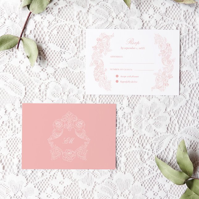 Tarjeta de respuesta de boda rosa Victorian Blush (horizontal rsvp card with blush pink victorian ornaments and a crest monogram at the back)