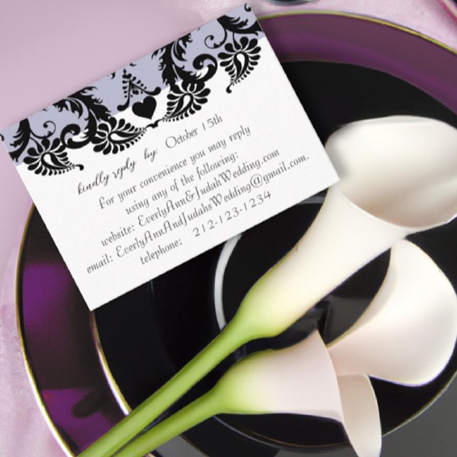 Tarjeta de respuesta de Boda RSVP Damasco negro pú (Subido por el creador)