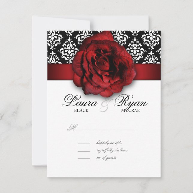 Tarjeta de respuesta de Boda RSVP Damasco rosa Roj (Anverso)