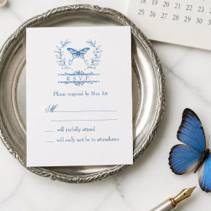 Tarjeta de respuesta de boda RSVP de mariposa azul