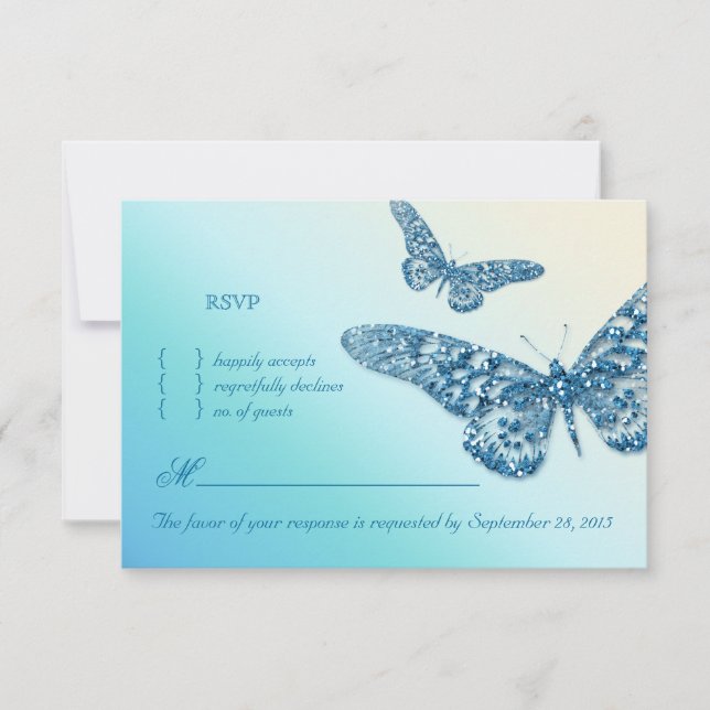 Tarjeta de respuesta de Boda RSVP de mariposa Azul (Anverso)