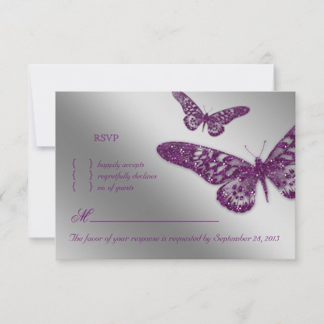 Tarjeta de respuesta de Boda RSVP de mariposa púrp (Anverso)