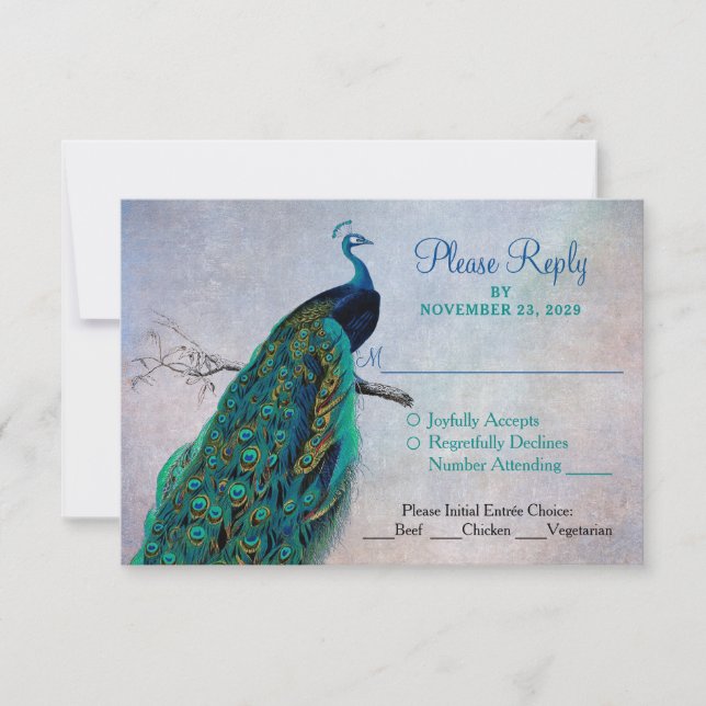 Tarjeta de respuesta de Boda RSVP de pavo real con (Anverso)
