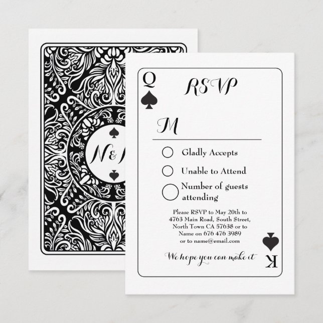 Tarjeta de respuesta de boda RSVP jugando K Q As E (Anverso / Reverso)
