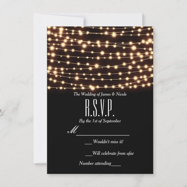 Tarjeta de Respuesta de Boda Rústica con Luces de  (Anverso)