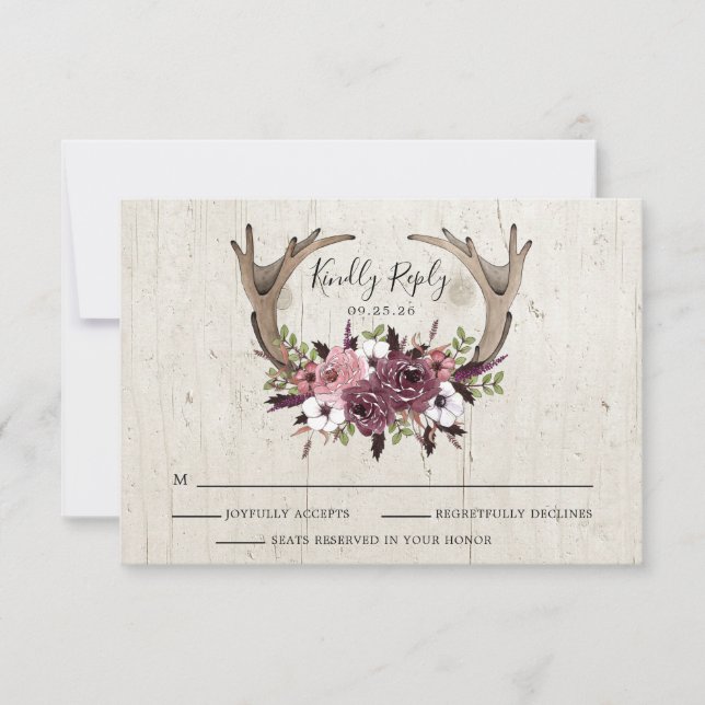 Tarjeta de respuesta de Boda Rústica de Antlers Fl (Anverso)