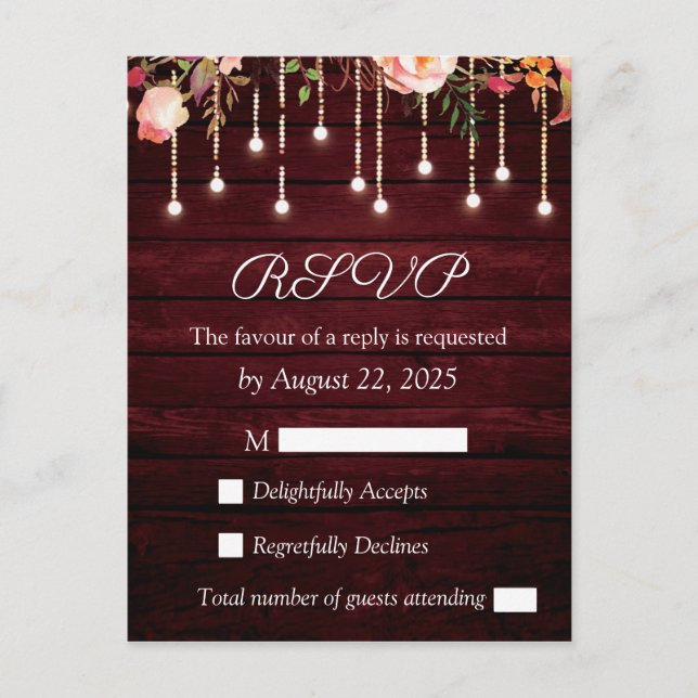 Tarjeta de respuesta de boda rústica de madera con (Anverso)