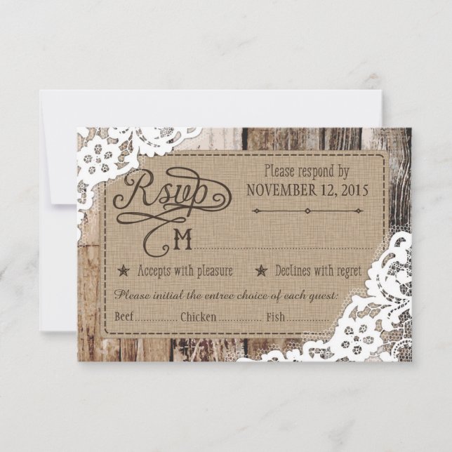 Tarjeta de respuesta de boda rústica de madera Cou (Anverso)