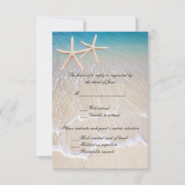 Tarjeta de respuesta de boda Starfish Beach (Anverso)
