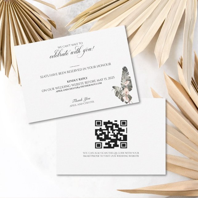 Tarjeta de respuesta de Boda tropical de palma neg (RSVP card with an area to add your QR Code to link to your wedding website)