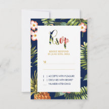 Tarjeta de respuesta de boda tropical dorada de ve