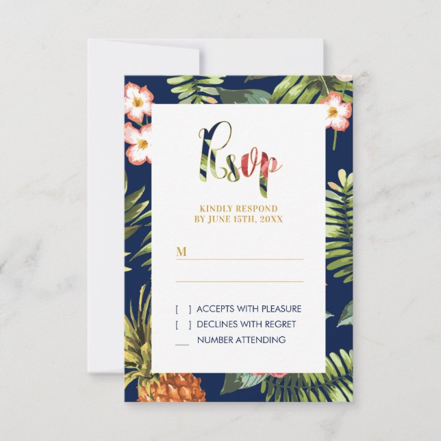 Tarjeta de respuesta de boda tropical dorada de ve (Anverso)