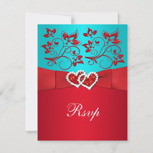 Tarjeta de respuesta de boda Turquesa, Floral Rojo (Anverso)
