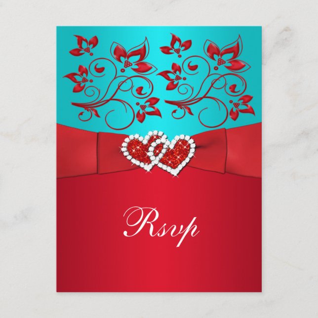 Tarjeta de respuesta de boda Turquesa, Floral Rojo (Anverso)