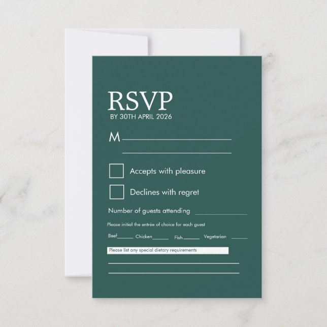 Tarjeta de respuesta de boda verde oscuro minimali (Anverso)
