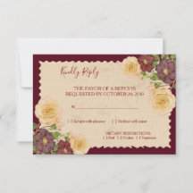 Tarjeta de respuesta de boda vintage burgundy eleg