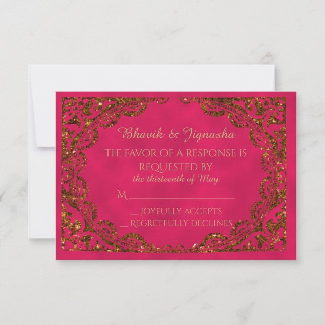 Tarjeta de respuesta de Bodas indios rosados y dor (Anverso)