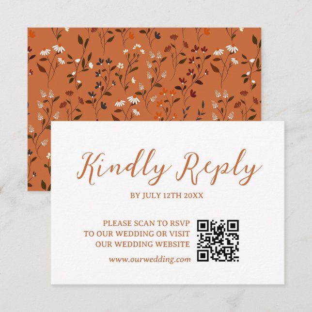 Tarjeta de respuesta de código QR de boda floral d (Anverso / Reverso)