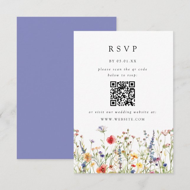 Tarjeta de respuesta de código QR de boda floral e (Anverso / Reverso)