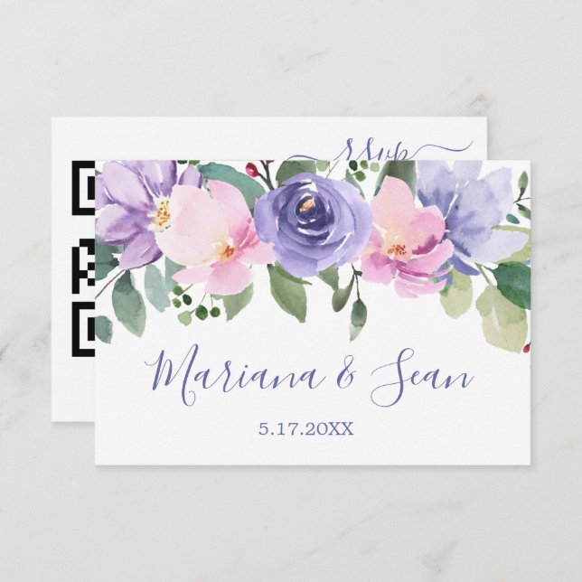 Tarjeta de respuesta de código QR de boda floral p (Anverso / Reverso)