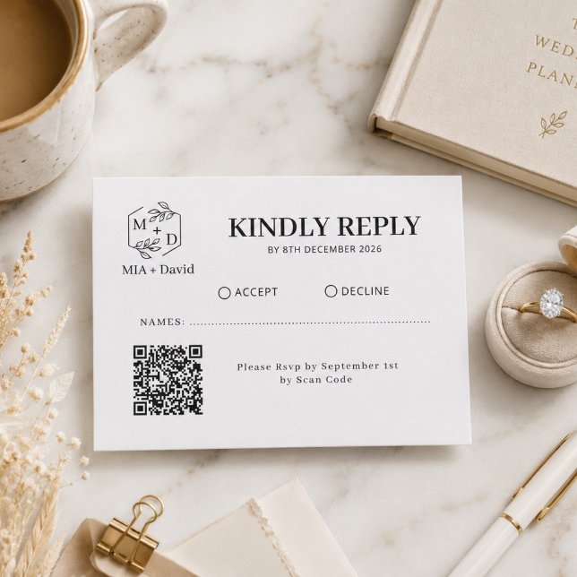 Tarjeta de respuesta de código QR monograma blanco (Black White Qr Code monogram Wedding Replay RSVP Card)