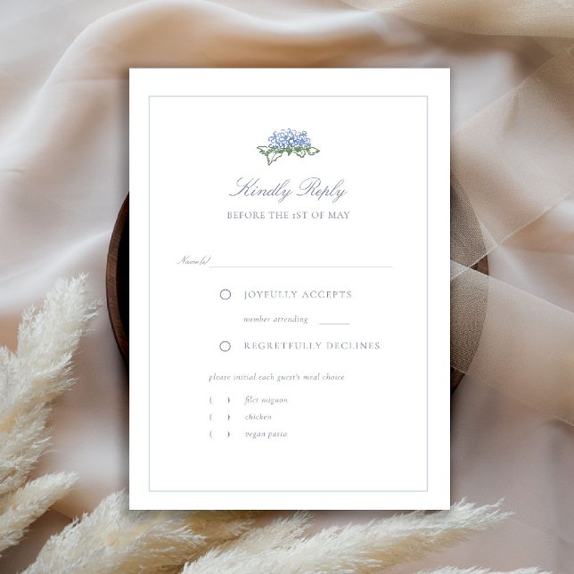 Tarjeta de respuesta de comida de boda costera con (hydrangea wedding rsvp meal choice coastal cottagecore romantic garden formal elegant traditional)
