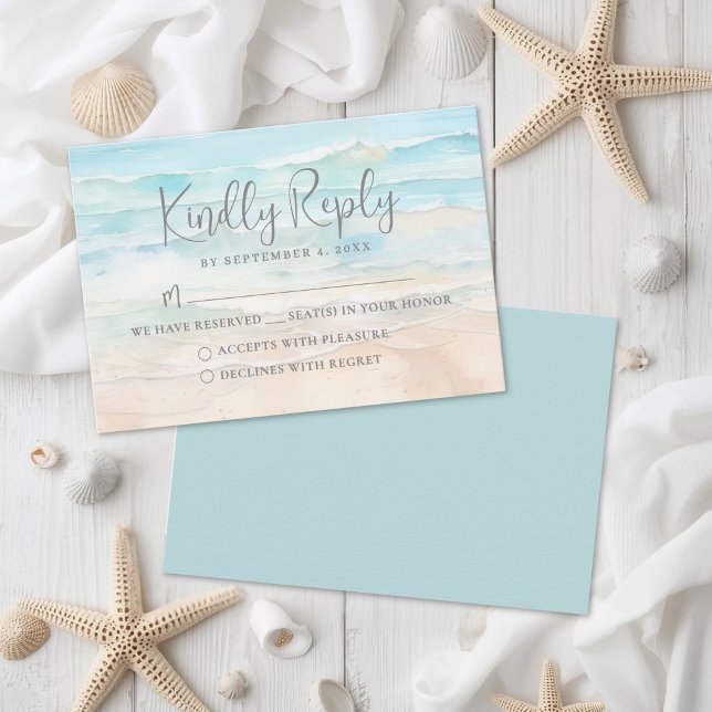 Tarjeta de respuesta de confirmación de asistencia (Watercolor Beach Wedding RSVP Reply Card)