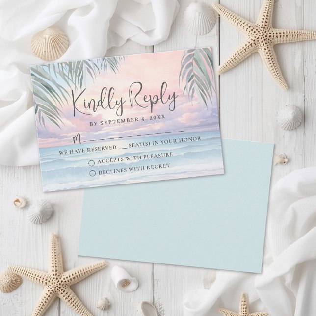 Tarjeta de respuesta de confirmación de asistencia (Watercolor Beach Wedding RSVP Reply Card)