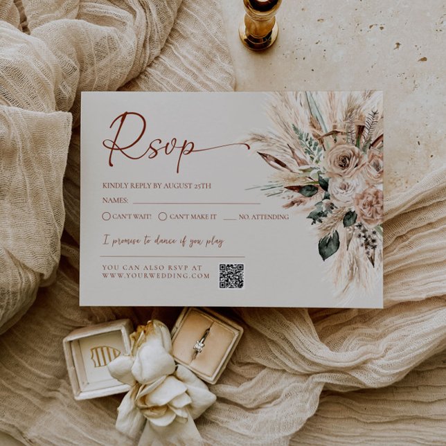 Tarjeta de Respuesta de Confirmación de Boda Rústi (Rustic Tan Boho Wedding RSVP Response Card | Terracotta Fall RSVP Printable | Neutral Beige Pampas)