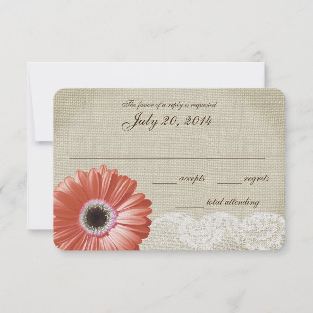 Tarjeta de respuesta de Coral Gerbera Daisy y Lace (Anverso)