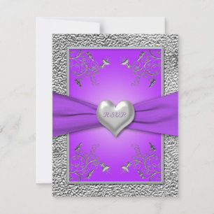 Tarjeta de respuesta de corazón de lavanda y peltr