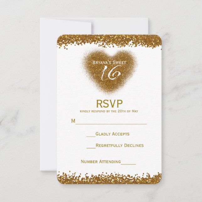 Tarjeta de respuesta de corazón Sweet 16 con derra (Anverso)