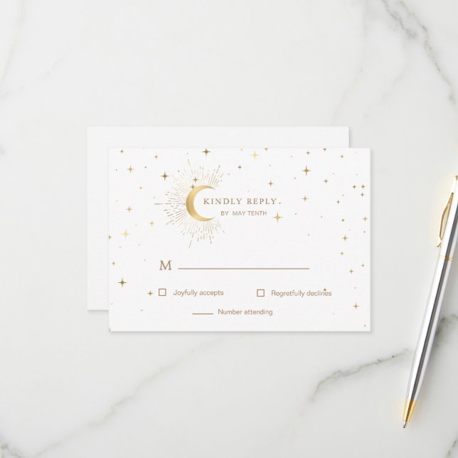 Tarjeta de respuesta de Crescent Moon Gold RSVP (Anverso/Reverso In Situ)