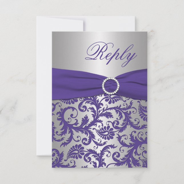 Tarjeta de respuesta de damasco morado y plata con (Anverso)